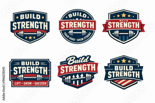 Build strength training emblem set. Fitness club badges with barbells for gym, workout, and powerlifting concepts