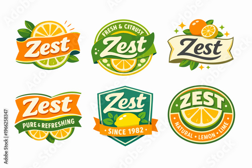 Set of assorted badges and emblems with zest text, featuring various citrus fruits on a white background