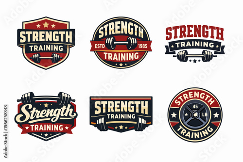Strength training emblems set featuring barbells and weight plates, illustrating fitness, bodybuilding, and gym concepts