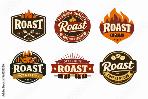 Set of roast shop, barbecue, and coffee house logos featuring flames, food, coffee beans, and grilling implements