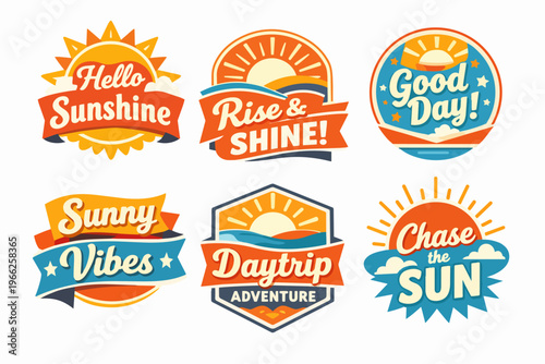 Collection of summer badges and sunshine labels featuring inspirational quotes and travel adventure concepts
