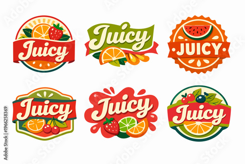 Collection of fresh fruit juice labels and badges, illustrating healthy natural organic drink product packaging design