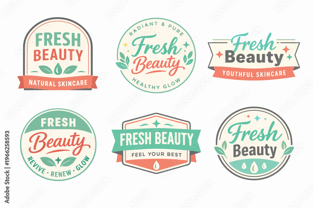 Obraz premium Six retro-inspired fresh beauty logos with leaves and drops, symbolizing natural, radiant, and youthful skincare products