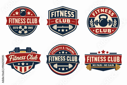 Fitness club and gymnasium logo designs featuring weights, dumbbells, kettlebells, and strength training slogans