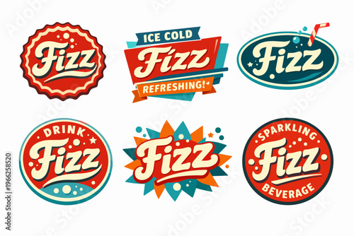 Six colorful retro and vintage style beverage labels with fizz typography, depicting sparkling soda drink branding concepts