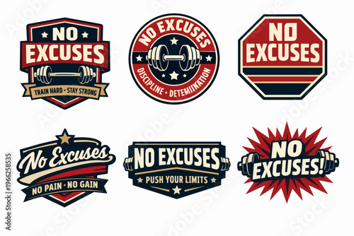 Collection of no excuses fitness and gym motivational badges, emblems, and logos with dumbbells and stars