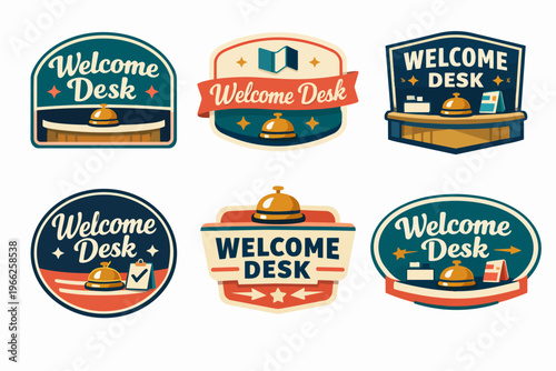 Welcome desk badges set with reception bells, vintage style emblems providing excellent hotel and travel service
