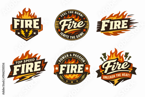 Fire logos set illustrating speed, power, energy, passion, and sport for branding and team identity