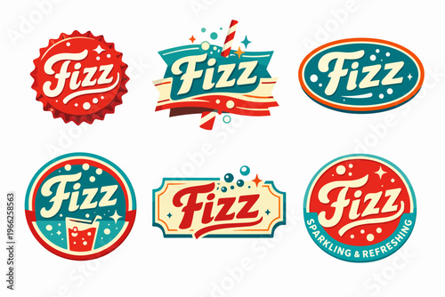 Collection of vintage soda logos with refreshing fizz, carbonated drink badges, and retro beverage labels for product design