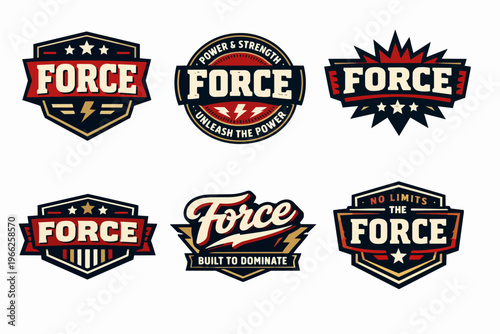 Collection of force themed badge logos, symbolizing power, strength, and determination for sports and fitness branding