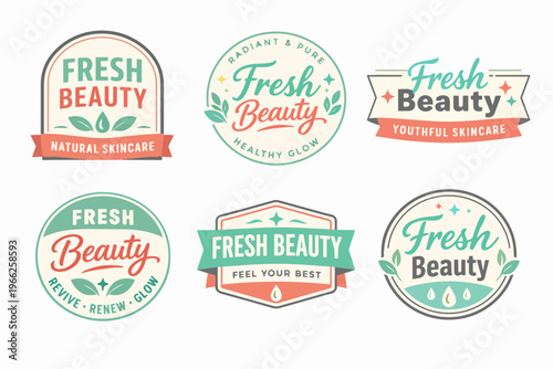 Six retro-inspired fresh beauty logos with leaves and drops, symbolizing natural, radiant, and youthful skincare products