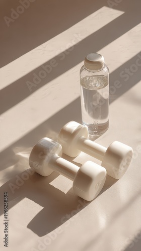 Modern monochrome composition with white dumbbells and water bottle in soft light, inspired by Color of the Year 2026 trend.