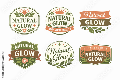 Set of natural glow labels and badges with organic elements, leaves, sun, and flowers for botanical beauty branding