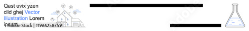 Renewable energy, home technology, science research, experiments, eco-friendly living, energy conservation. A house with floating icons and a laboratory flask with liquid. Renewable energy