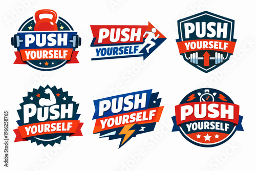 Push yourself collection of motivational fitness badges and emblems featuring sports equipment and athletic symbols on white