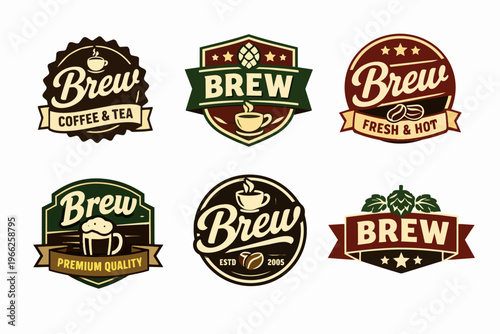 Vintage brew labels and emblems featuring coffee cups, beer mugs, hops, and coffee beans for branding design