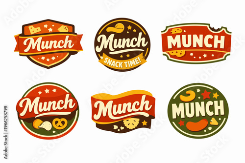 Variety of classic snack food logos and labels with a vintage style, showing cheese, chips, pretzels, and sweets