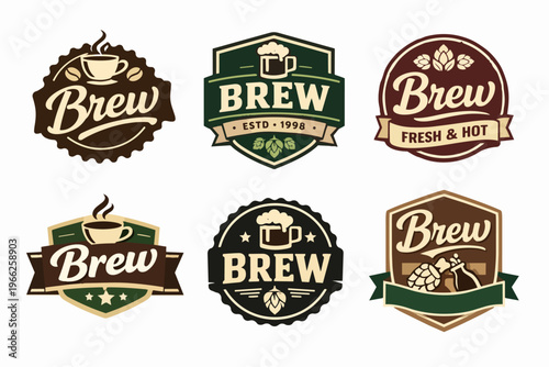 Collection of brew logos and emblems for coffee and beer brands, creating vintage retro style labels and badges
