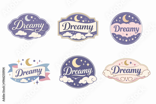 Dreamy concept badges set displaying night sky patterns, crescent moons, shining stars, and soft clouds in a gentle pastel color palette