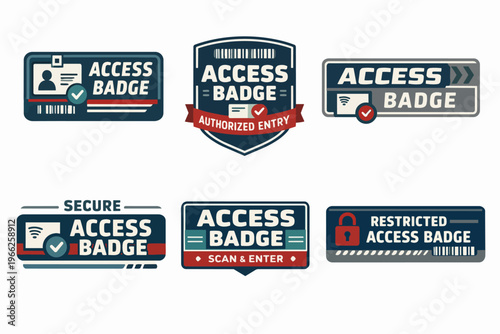 Collection of access badge designs representing security, authorized entry, and restricted areas concepts