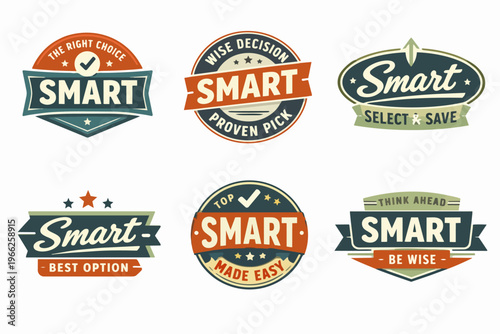 Smart choice labels collection. Vintage style badges offering wise decisions, proven picks, best options, and top quality