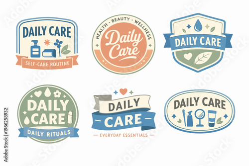 Daily care and self-care routine badges set, featuring various skincare, beauty, and wellness symbols