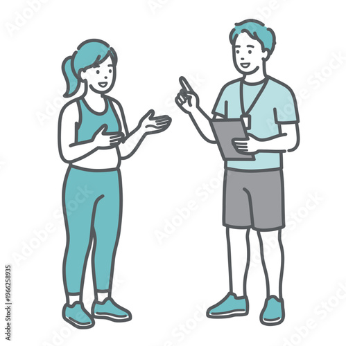 笑顔で男性トレーナーと会話・相談をするぽっちゃり体型の女性のイラスト