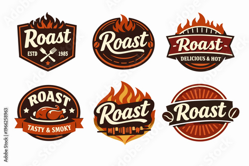 Roast food and coffee logos collection featuring flame, grill, whole chicken, and coffee bean elements