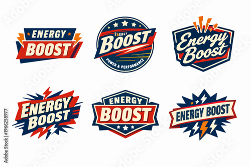 Energy boost power badges and vintage style labels collection, representing performance, strength, and quick energy