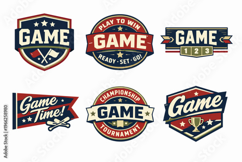 Collection of game badges and tournament emblems with retro style, sport competition logos, play to win typography
