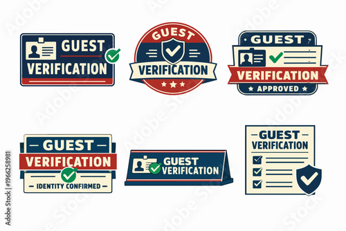 Guest verification and identity confirmed emblem designs collection, illustrating approval, security, and access control for visitors