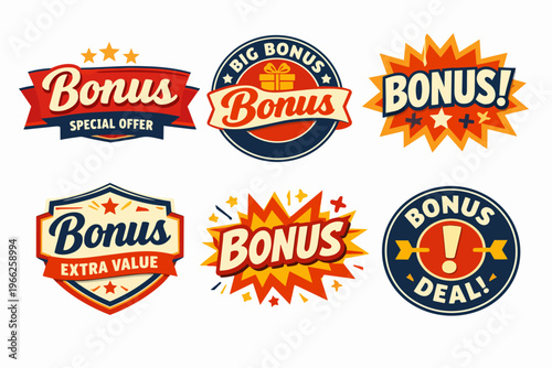Collection featuring six retro bonus tags and labels, promoting special offers, value, deals, and discounts
