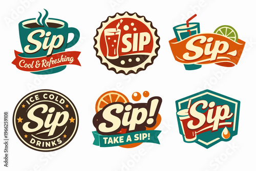 Vintage sip drink logos collection, creating retro beverage emblems, labels, and badges for coffee, soda, and juice branding
