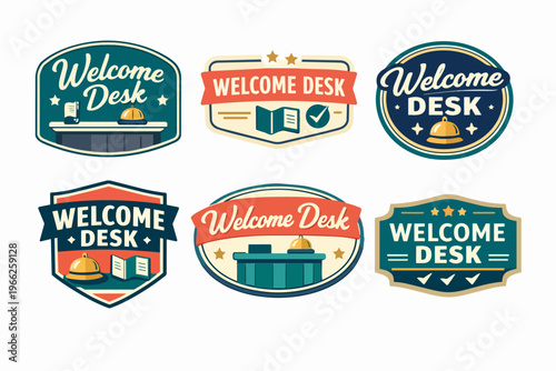 Welcome desk badges and labels collection featuring bell, book, stars, and checkmark icons for hotel hospitality service concepts