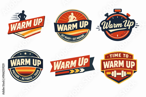 Set of warm up fitness labels and badges, illustrating concepts of exercise, health, training, and an active lifestyle