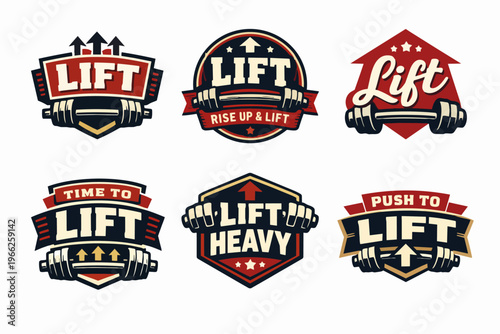 Collection of vintage style gym and fitness logos representing barbells and lifting with motivational phrases