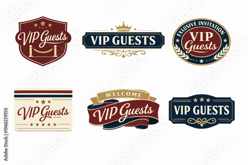Set of vip guests badges and labels, offering premium quality, exclusive invitations, and welcome messages for events and services