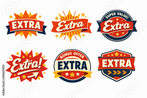 Colorful extra text labels with bonus offer and super value concept promoting special deals and discounts