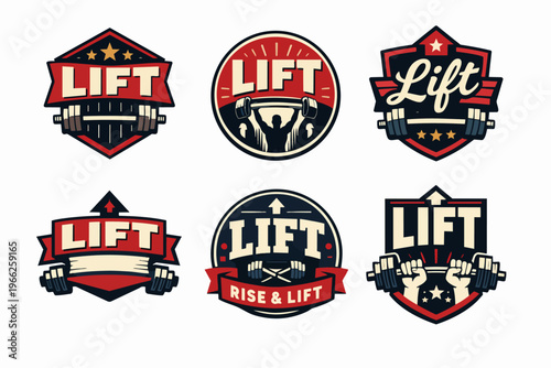 Set of weightlifting and gym logos, showcasing strength, fitness, and exercise through barbell, dumbbell, and muscular figures
