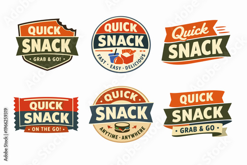 Quick snack vintage badges collection, retro branding for fast food, emblems for quick meal services