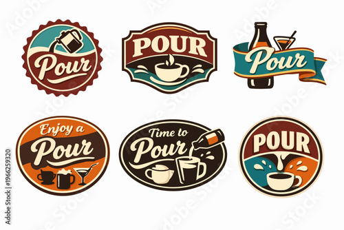 Pouring liquid retro collection featuring vintage badges, labels, and emblems for coffee, tea, and bar drinks