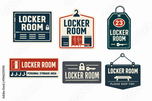 Locker room signs and badges set displaying storage, changing area, personal belongings, and keeping tidy concepts