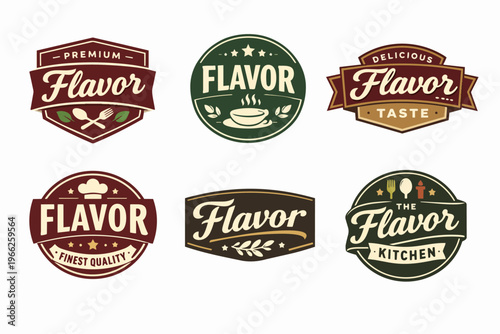 Flavor food badges collection representing culinary taste and premium quality, vintage restaurant and kitchen labels design