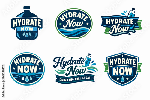 Hydrate now badges and emblems promoting drinking water for health, fitness and wellness campaigns
