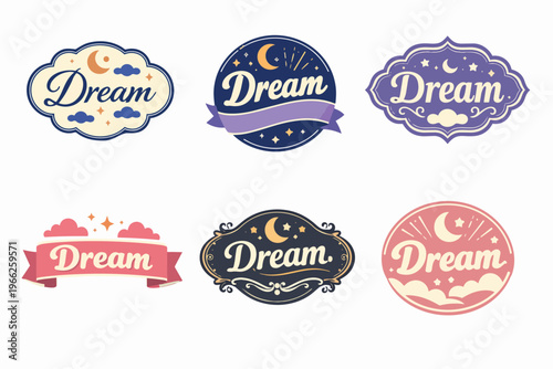 Collection of dream themed vintage style badges with moon, stars, and clouds, representing imagination, sleep, and fantasy designs