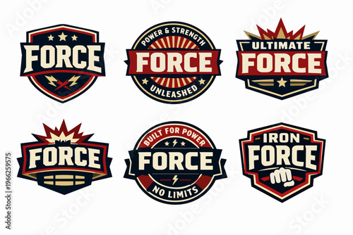 Creative set of power, strength, and ultimate force logos with shield, lightning, star, and fist elements