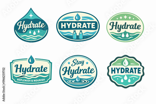 Six hydrate labels with water droplets, waves, and bottles, ideal for promoting health, refreshment, and well-being