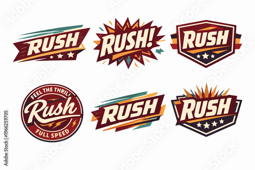 Collection of rush themed badges and emblems, illustrating speed, energy, and dynamic motion in vintage style design