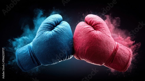 Boxing gloves collide with colorful powder, representing competition and conflict
