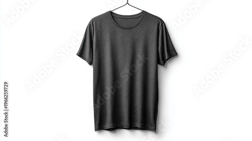 Plain dark grey heather t-shirt hanging on a wire hanger against a white background